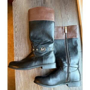 Michael Kors Boots  Black Brown Knee High Riding Boots MK Logo Detail Size 5‎